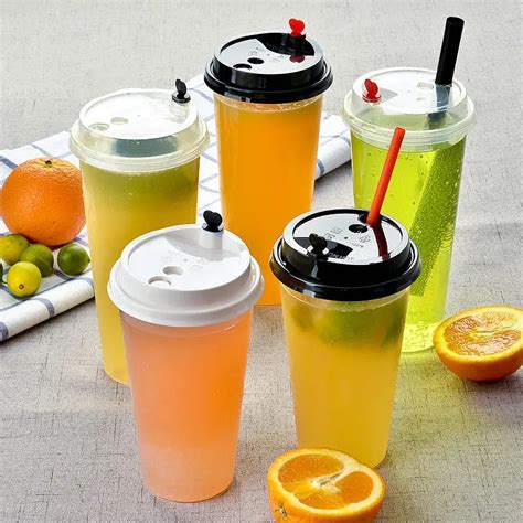 100x Disposable Plastic Cup with Lids PP Milk Tea Juice Cups Food Grade ...