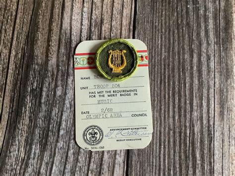 1960s Music Boy Scout Merit Badge Patch And Card Bsa Olympic Council