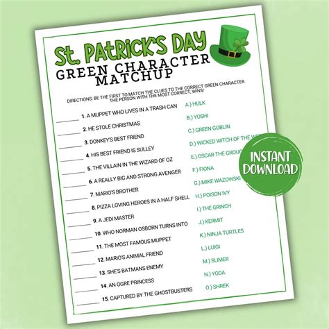 St Patrick S Day Printable Games Green Character Trivia Game Color Me