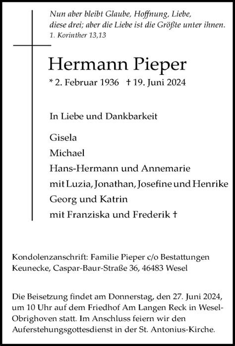 Alle Traueranzeigen F R Hermann Pieper Trauer Rp Online De