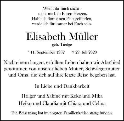 Traueranzeigen von Elisabeth Müller HamburgerTRAUER de