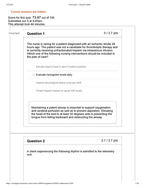 Med Surg Exam 1 Med Surg Exam 1 Correct Answers Are Hidden Score