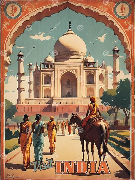 Vintage India Travel Poster With The Taj Mahal Stock Photo Image Of