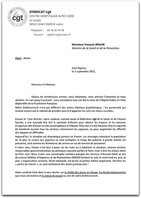 CGT du CHS Saint Égrève courrier d alerte au Ministre de la Santé