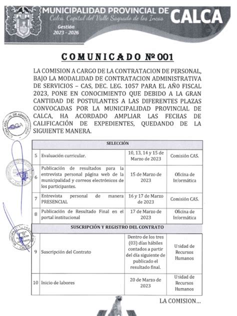 Comunicado Convocatoria Cas 001 2023 Pdf