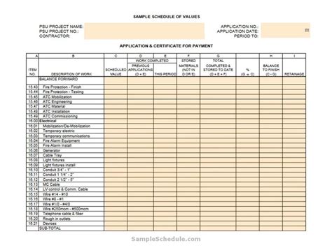 Sample Schedule of Values (10 Free Template) - sample schedule