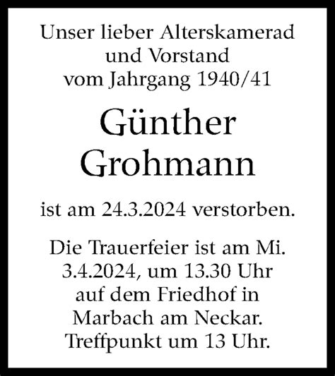 Traueranzeigen Von G Nther Grohmann Stuttgart Gedenkt De