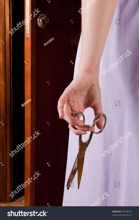 Woman Waiting Door Bloody Scissors Her Stock Photo Shutterstock