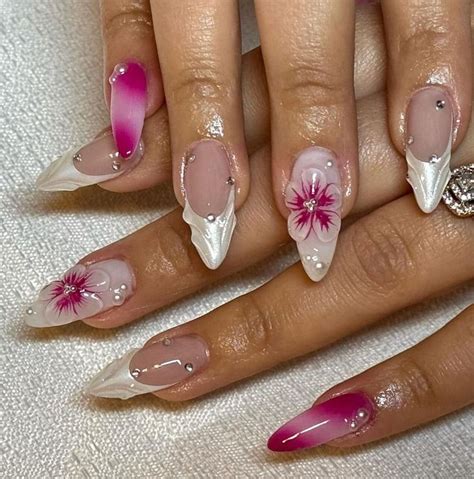 3d Pink Flora Pearl French Nail Hand Painted Press On Nails Custom