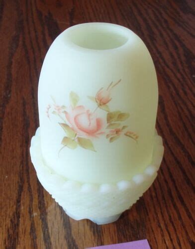 Vintage Fenton Custard Art Glass Rose Scene Fairy Lamp Hand Painted