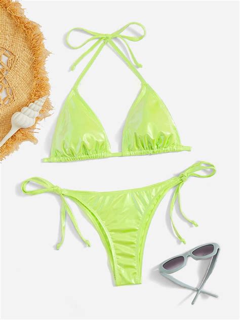 Shein Swim Basics Ba Ador Bikini De Color Met Lico Halter Tri Ngulo Con