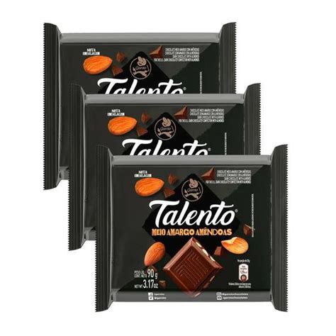 Chocolate Garoto Talento Meio Amargo Amêndoas 90g Kit Com Três Unidades