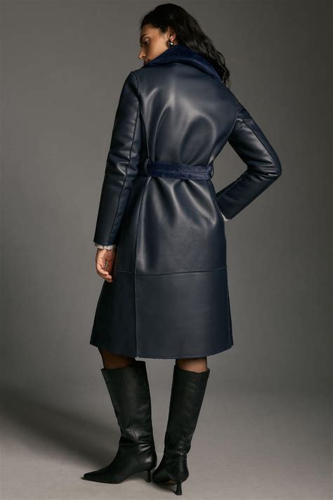 Avec Les Filles Faux Leather Furry Mix Belted Trench Coat