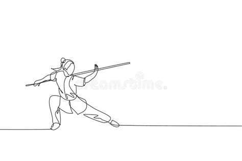 Solo Un Dibujo Lineal Constante Del Maestro Del Kung Fu Combatiente De