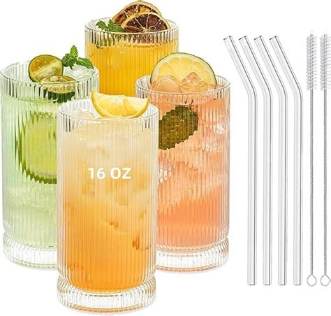 Kemorela Vintage Ribbed Glassware Set 16oz Xl Drinking Glasses With Straws Ribbed Glassware