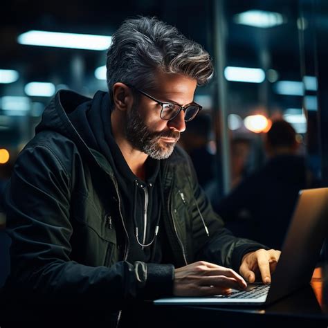 Premium Photo Man In Glasses Working On Laptop A Man Sitting At A