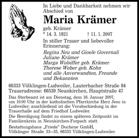 Traueranzeigen Von Maria Kr Mer Saarbruecker Zeitung Trauer De