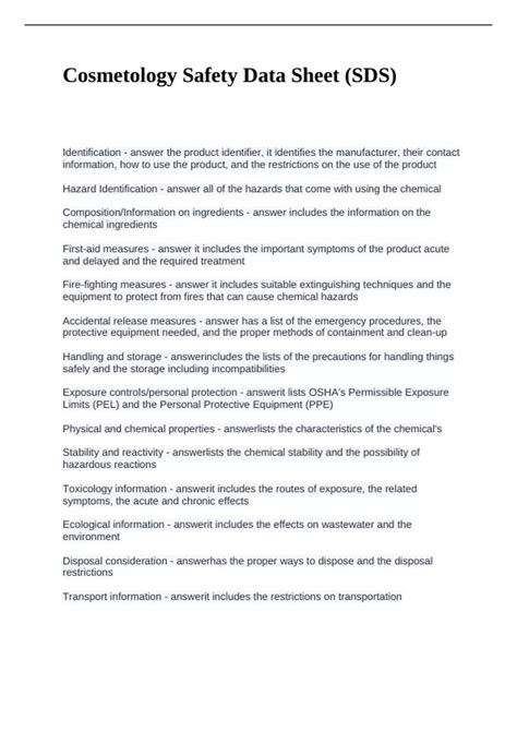 Cosmetology Safety Data Sheet (SDS) Questions with Solutions - SDS