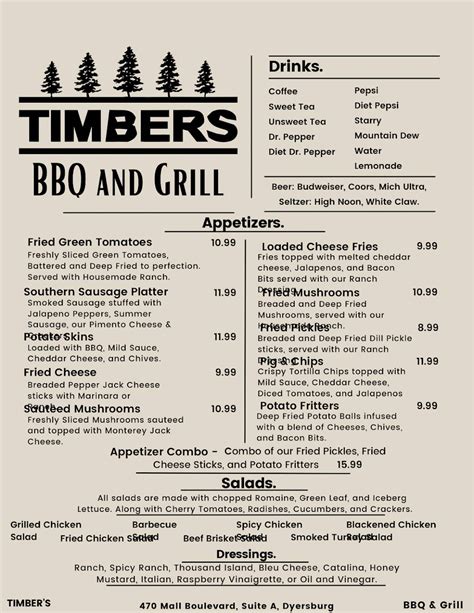 Menu at Timbers BBQ and Grill, Dyersburg