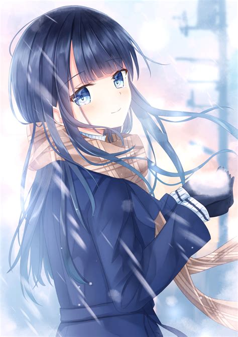 Safebooru 1girl Bangs Beige Scarf Black Hair Blue Eyes Blue Hair Blue Jacket Blunt Bangs