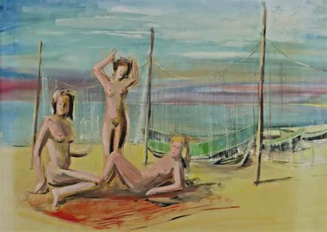 Watercolour Nude Beach Signed Back May Refer To Carl Heins Cunitz