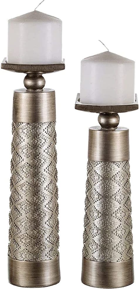 Creative Scents Dublin Silver Decorative Candle Holder Set Of 2 Home Decor Pillar