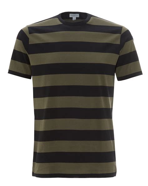 Sunspel Mens Bold Stripe T Shirt Military Greenblack Tee