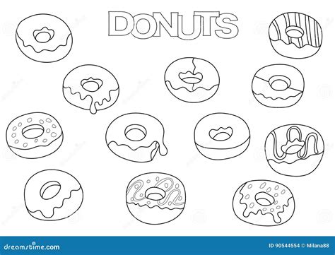 Donuts Elements Hand Drawn Set Coloring Book Template Stock Vector