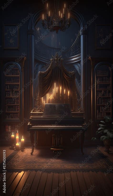 Gothic Castle Library Room with Historic Piano, Harpsicord, AI ...