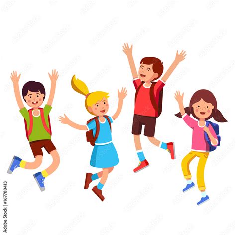 Happy student kids jumping up with raised hands Stock Vector | Adobe Stock