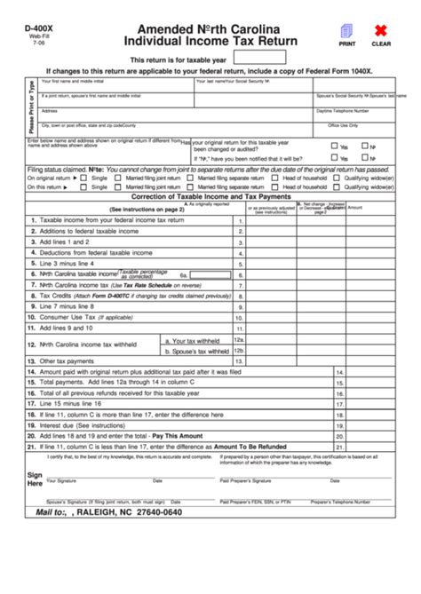 D 400x Amended North Carolina Individual Income Tax Return Printable