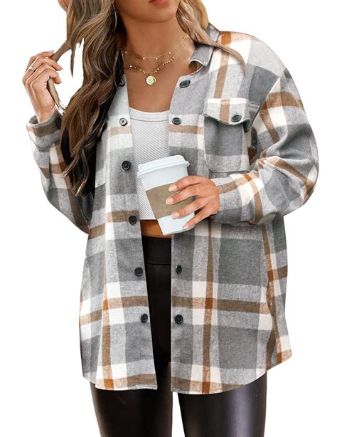 Easther Women S Plus Size Flannel Plaid Shacket Button Down Long Sleeve Flannel Shirts Casual