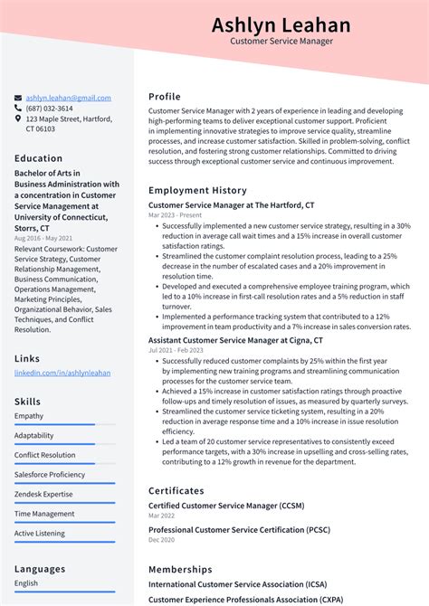 Customer Service Manager Resume Examples And Templates