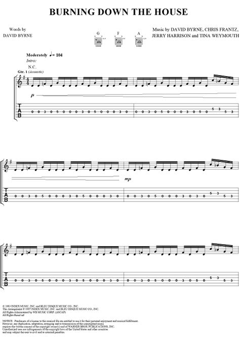 Burning Down The House Sheet Music By Talking Heads For Easy Guitar Tab Vocal Sheet Music Now