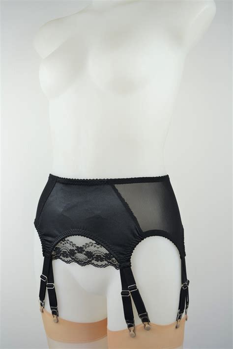 12 Strap Suspender Garter Belt Black Lace And Satin Shapewear Etsy