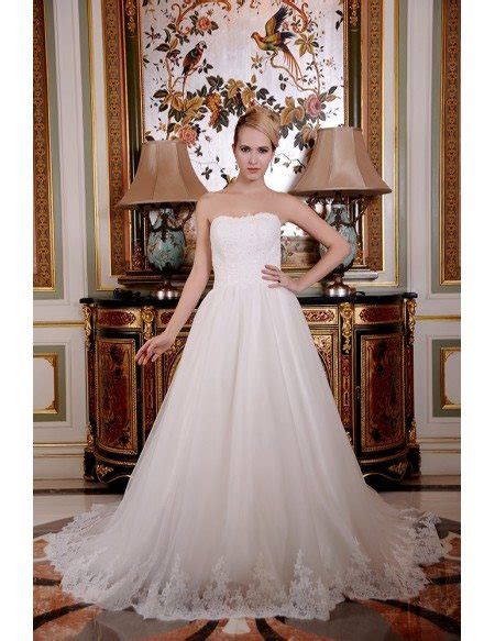 A Line Strapless Chapel Train Tulle Wedding Dress With Beading