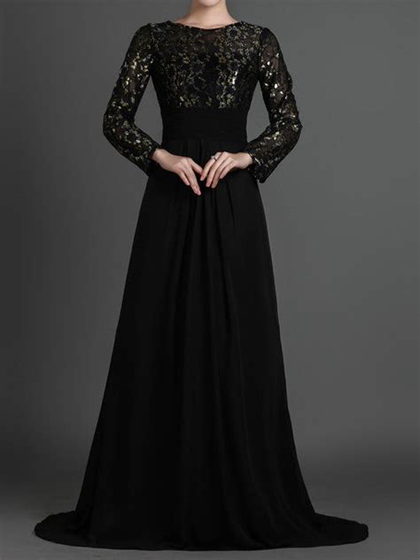 Black Modest Long Sleeves Formal Prom Evening Dress Jojo Shop