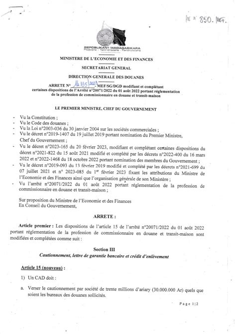 Arrêté No 14 135 2023 MEF SG DGD modifiant et complétant certaines