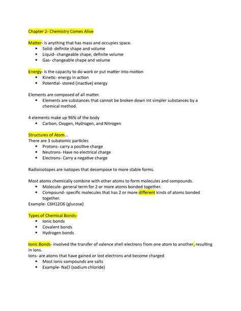 Anatomy And Physiology Notes Chapter 2 Chemistry Comes Alive Matter