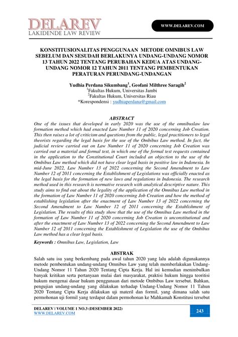 Pdf Konstitusionalitas Penggunaan Metode Omnibus Law Sebelum Dan