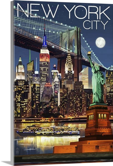 New York City Ny Skyline At Night Retro Travel Poster New York Canvas New York City