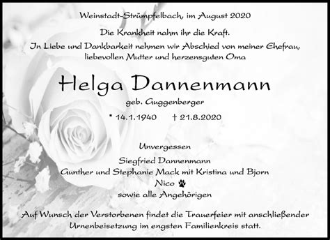 Traueranzeigen Von Helga Dannemann Zvw Trauer