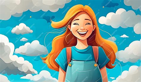 Premium Ai Image Smiling Happy Girl Under Blue Sky In Cartoon Style