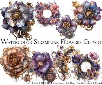 Watercolor Steampunk Flowers Clipart Set Of Files By