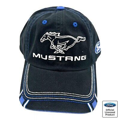 Black Ford Mustang Hat Cap W Blue Stripe Embroidered Logo Ebay