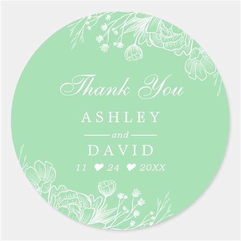 Neo Mint Modern White Floral Wedding Thank You Classic Round Sticker