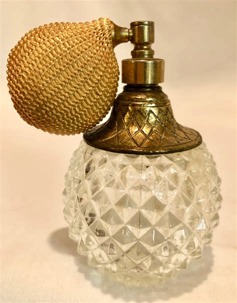 Vintage Clear Cut Glass Perfume Scent Bottle Gold Top And Atomizer Made In England