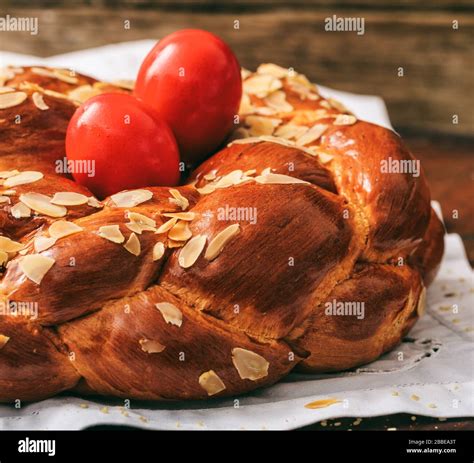 Easter Traditional Sweet Bread Greek Tsoureki And Red Eggs Closeup View Orthodox Christian