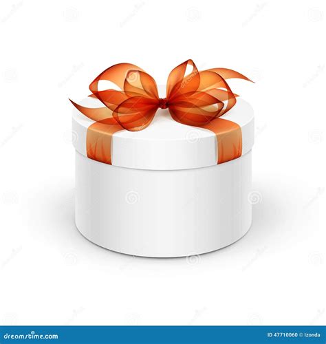 White Round Gift Box With Orange Ribbon And Bow Stock Vector