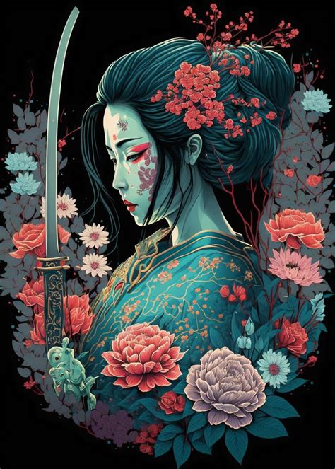 Geisha Samurai Poster Picture Metal Print Paint By Graphic